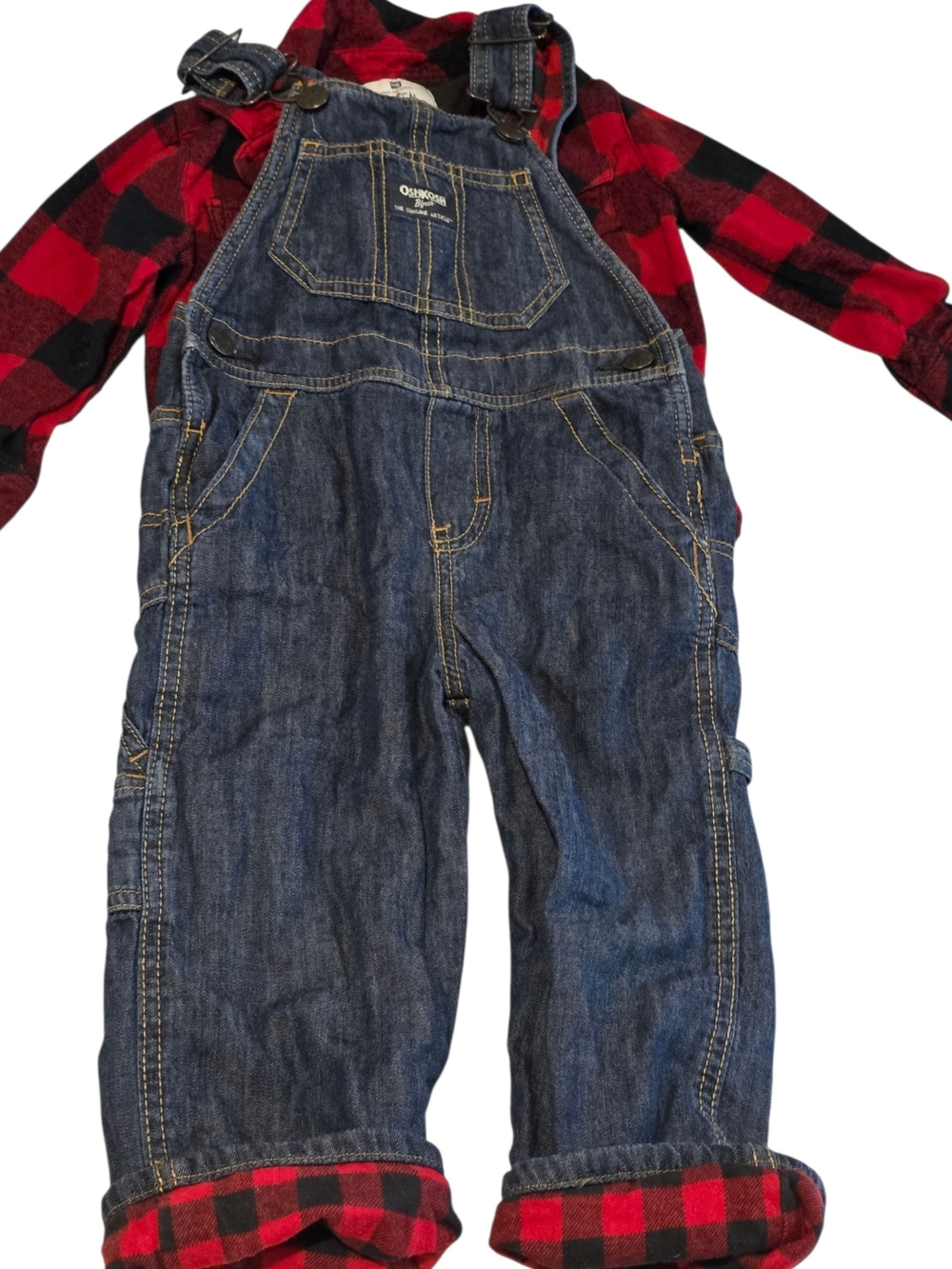 OshKosh B'gosh Denim Overalls with Red Plaid Trim